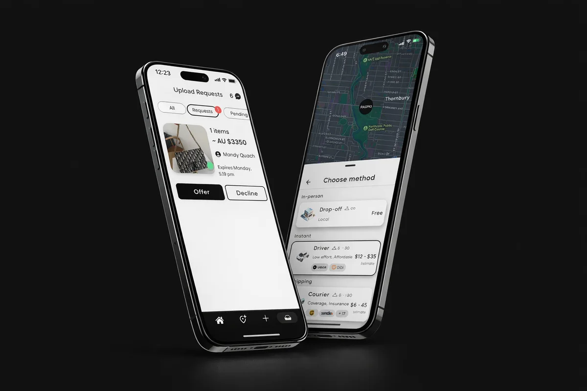The Ragpiq app on iPhone: reviewing consignment upload requests and choosing a pickup or shipping method