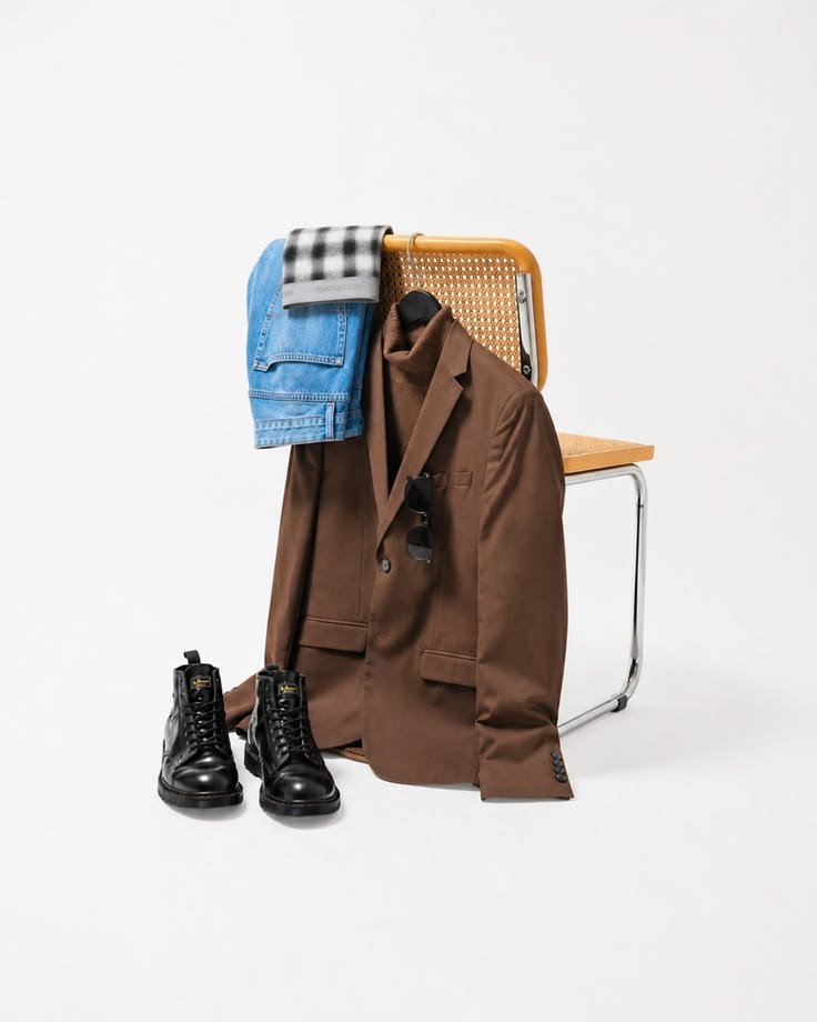 A brown blazer, denim jacket, sunglasses and boots arranged on a chair